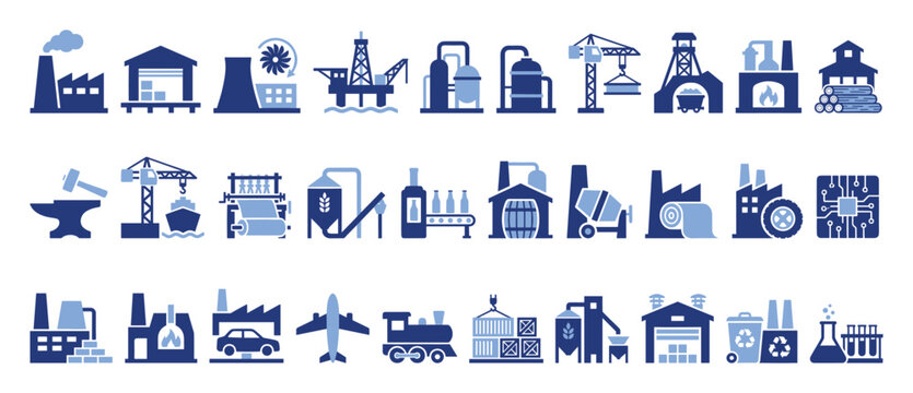 Set of industrial icons. Factory, manufacturing, production, plant, energy, logistics, mining,