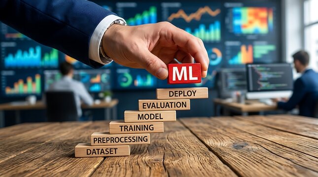 Professional hand stacks a red ML block on wooden steps, symbolizing the machine learning model deployment lifecycle