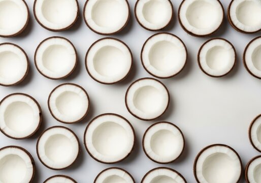 A repetitive overhead pattern of fresh organic coconut slices featuring crisp white flesh and dark brown edges arranged on a soft background, slices, copra, milk