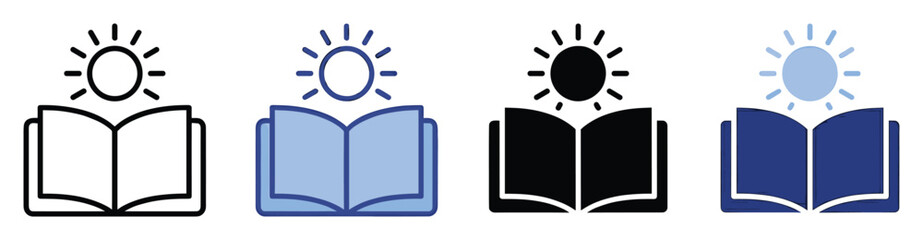 Naklejka premium Set of open book and sun icons. Reading, learning, education, knowledge, wisdom symbol. Study,