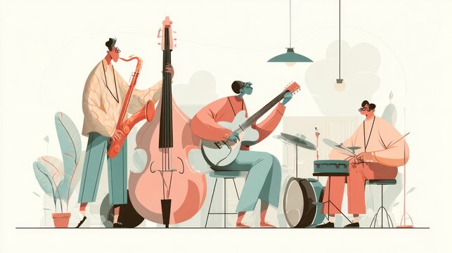 Illustration of a jazz quartet performing in a studio