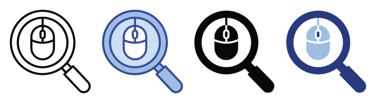 Set of search mouse icons. Find computer, magnify pointer, online browse, digital click, website