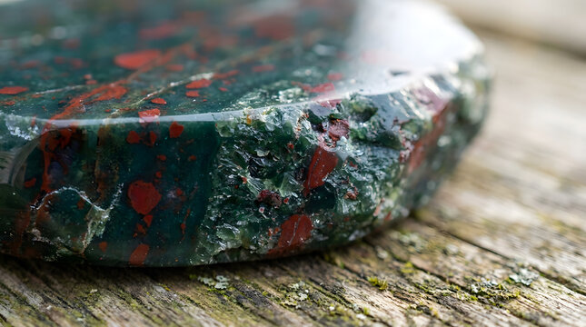 Captivating close-up of a natural deep green bloodstone or jasper gemstone, showcasing its unique red speckles, rough texture, and polished surface resting on weathered wood
