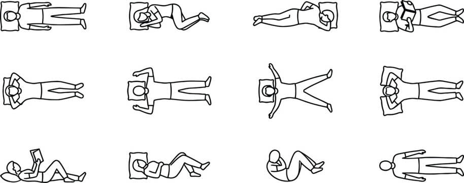 Top View People Sleep Positions and Lying Down Line Art Set