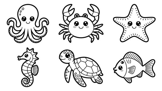 A funny cartoon vector illustration set of sea animals and ocean fish characters, including a dolphin and octopus, designed as a seamless pattern collection for a cute baby nature comic art