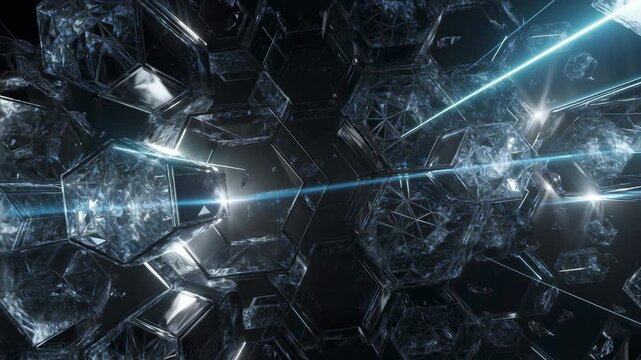Futuristic abstract 3D background with glowing hexagonal structures and lasers