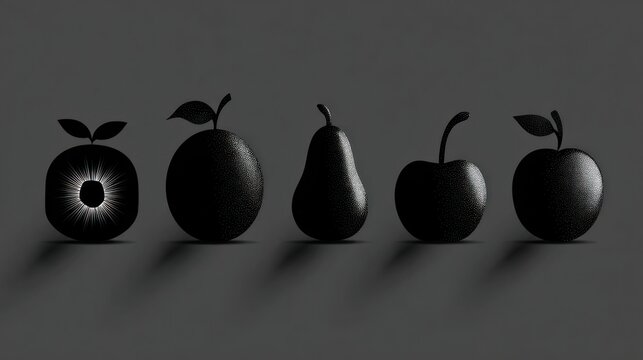 Stylized, monochromatic rendering of five different fruits in a row, showcasing textures and form