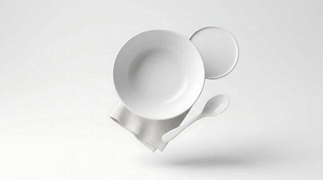 Isolated floating white soup bowl plate spoon and napkin for food presentation mockup advertising menu design layout