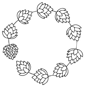 Outline illustration of hop flowers forming a circular wreath.