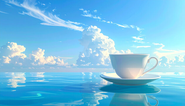 Serenity concept with tea cup on water surface with cloudy sky