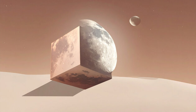 Moon and cube in desert landscape with celestial body