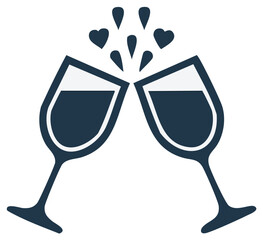 Romantic toast with two clinking wine glasses and heart splashes vector icon