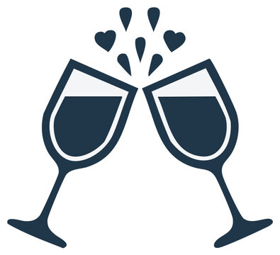 Romantic toast with two clinking wine glasses and heart splashes vector icon