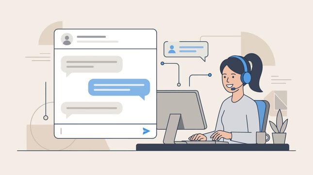Young professional working at a computer with chat bubbles in a modern office desk setup.