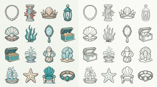 Collection of cartoon-style underwater treasures and decorative elements, including shells, crowns, and chests, presented in both color and outline versions.