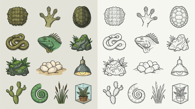 Collection of reptile and amphibian icons, including snakes, lizards, eggs, plants, and terrarium elements, presented in both color and line art styles.