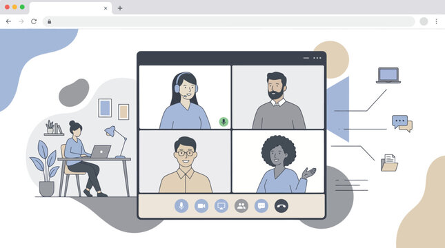 Online video conference with multiple participants in a grid layout during a virtual meeting on computer devices.