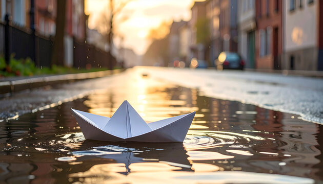 Paper boat on flooded street at sunset