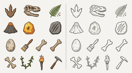 Set of colorful and monochrome icons related to dinosaurs and paleontology, including footprints, skulls, fossils, eggs, and tools. © renender