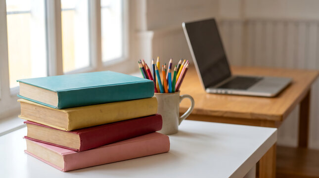 E-learning and university student workspace setup with colorful books stack and laptop computer.