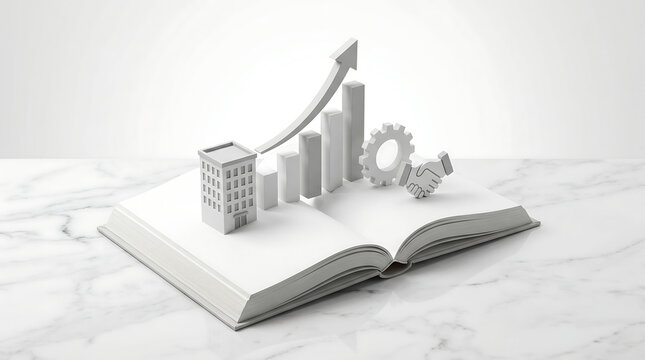 Minimalist 3D business growth and corporate partnership concept with graphs and building on open book.