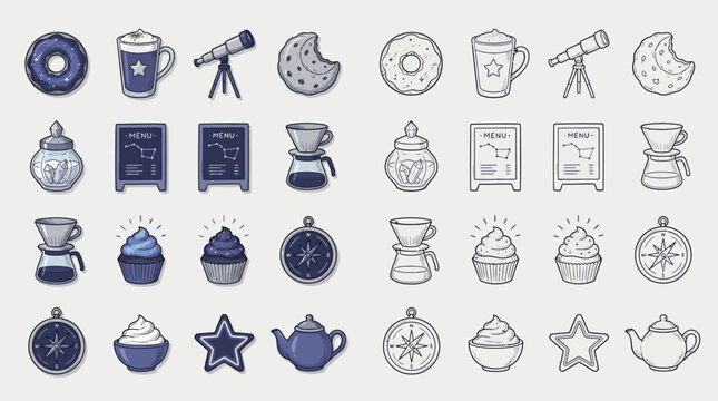 Collection of cute icons representing coffee, astronomy, and baking elements.