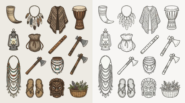 Collection of tribal and indigenous cultural artifacts and symbols, presented in both color and line art.