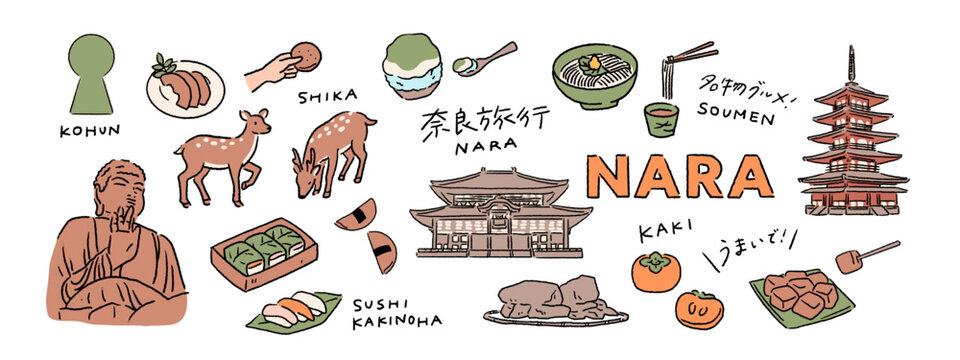 奈良、鹿、大仏、奈良漬、東大寺などの旅行、観光の手書き文字と手描きベクターイラスト素材セット A set of hand-drawn vector illustration assets featuring Nara, deer, and other Japanese travel scenes, as well as handwritten Japanese characters.