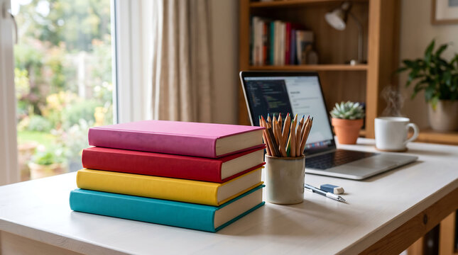 Online learning and student workspace concept with colorful books stack and laptop computer on desk.