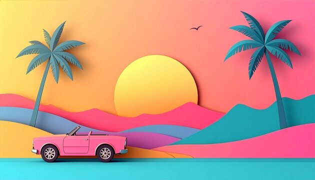 Retro Summer Tropical Landscape with Pink Convertible Car