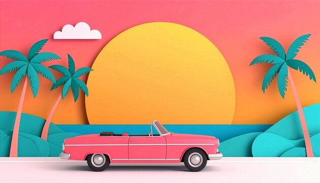 Retro Summer Beach Sunset Landscape with Pink Car