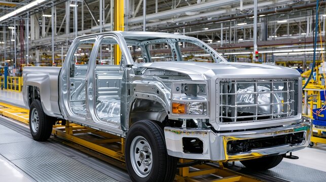 Medium shot capturing a bare metal truck cab shell on the assembly line highlighting the raw unpainted frames and panels before priming and finishing steps in a modern