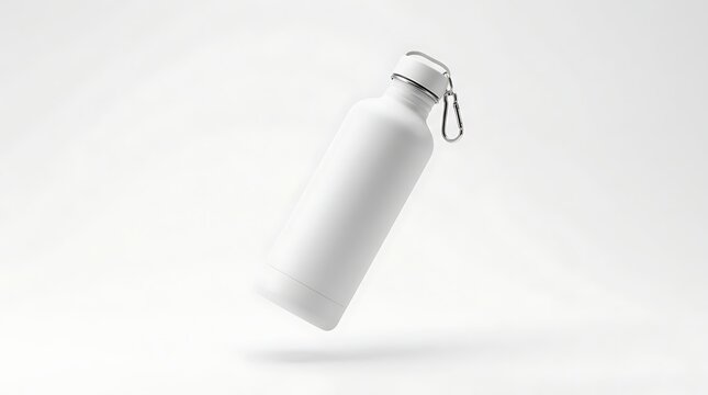 Isolated matte white reusable stainless steel camping water bottle with metal carabiner for adventure branding mockups