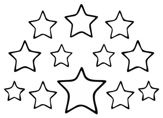 Obraz premium Collection of various sized stars drawn with thick outlines on a white background.