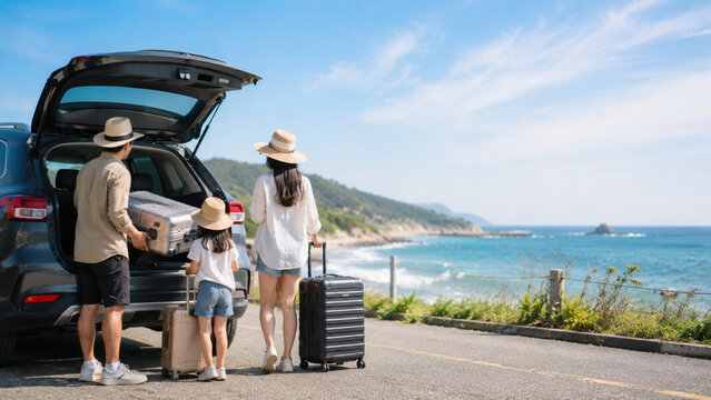 Family loading luggage into a car beside a coastal road for summer travel