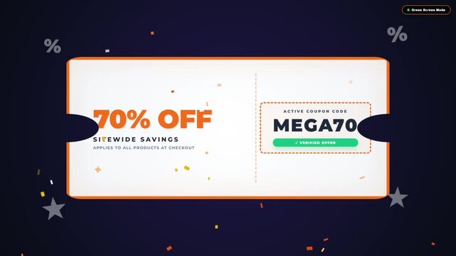 Animated 70 off discount coupons with confetti on dark blue background with stars