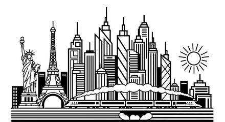 Obraz premium Global city skyline illustration with landmarks and high speed train