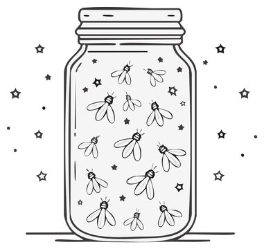 Hand drawn doodle illustration of fireflies glowing inside a glass mason jar with stars