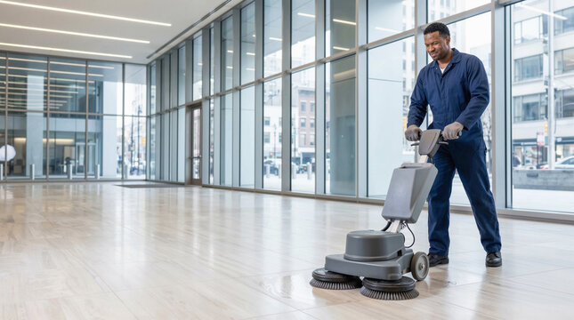 Professional janitor cleaning modern office building floor with industrial floor buffer machine