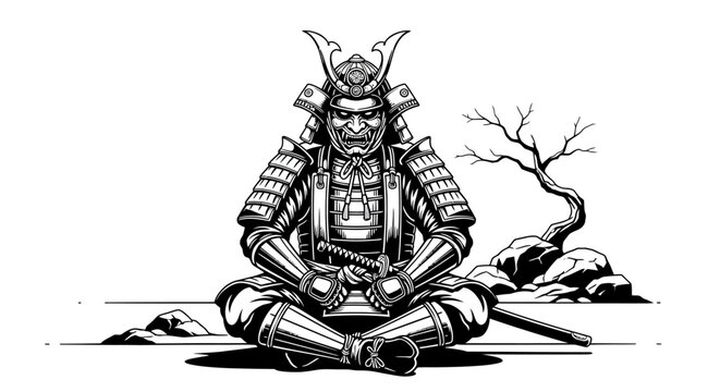 Japanese samurai warrior meditating in full armor under dead tree