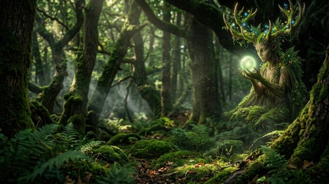 Spiritual Awakening, Forest Spirit. Mythical dryad holding a glowing orb in an ancient misty woodland, representing esoteric wisdom and personal growth for spiritual development.