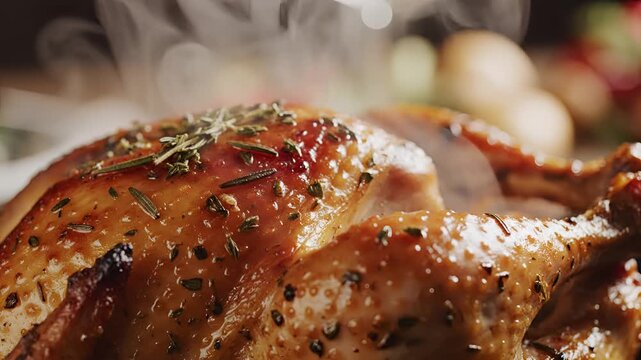 Close up of a delicious roasted chicken with herbs and spices steaming.