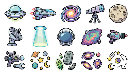 Collection of cartoon space and science fiction icons including UFOs, rockets, planets, stars, and telescopes. © geira