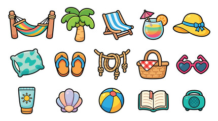 Collection of cartoon summer vacation and beach icons, perfect for travel and leisure themes. © geira