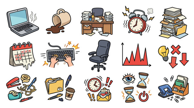 Collection of cartoon office icons representing work, deadlines, and stress.