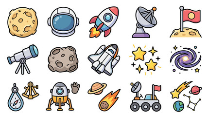 Collection of cartoon space exploration icons including rockets, planets, astronauts, and stars. © geira