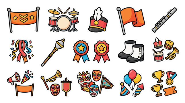 Collection of cartoon marching band and celebration icons, perfect for event promotion or educational materials.