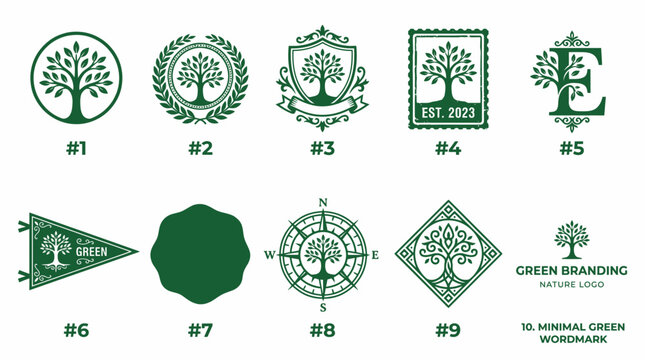 Collection of green nature tree logo design templates.