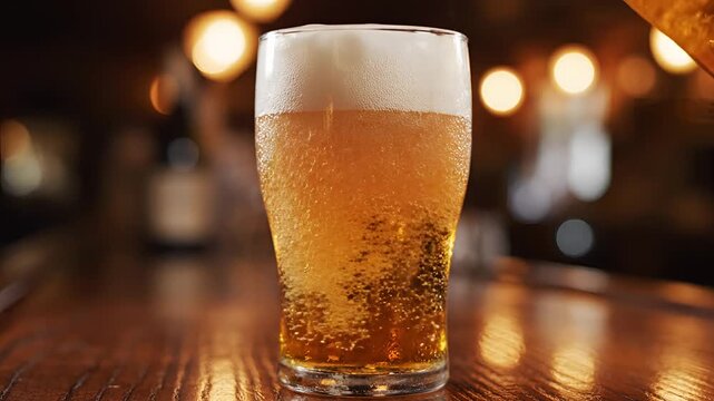 Close up of golden beer being poured into a pint glass with frothy head.
