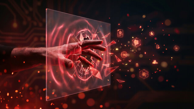 Radiant Red Shattered Glass Hologram Hand Reaching Through with Circuit Network Icons and Embers Symbolizing Cyber Breach Perfect for IT Security Advertising and Innovation Background